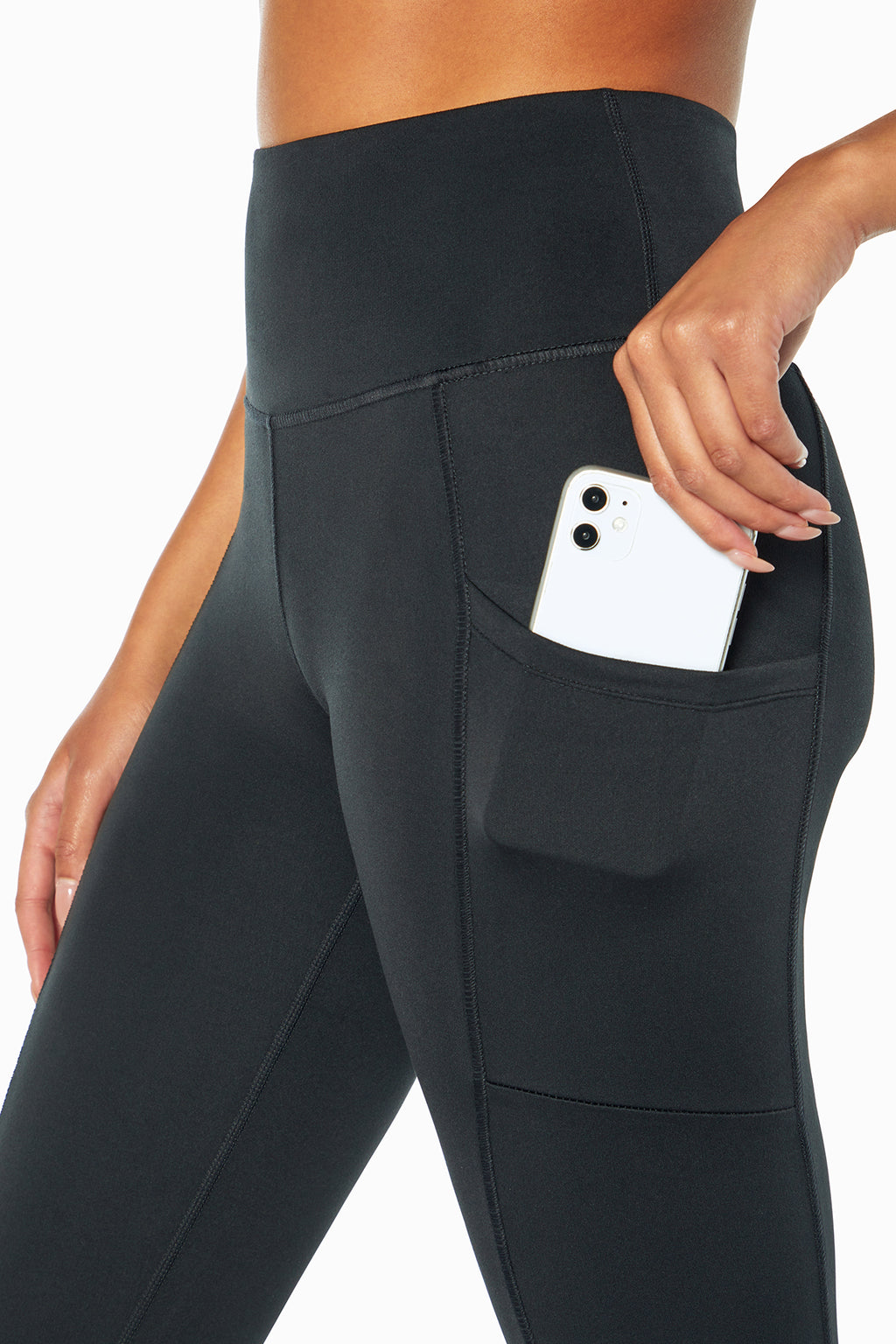 Talia Side Pocket Tummy Control Legging, alternate angle view, showing visible design features and texture of the stretch knit fabric.. #color_black