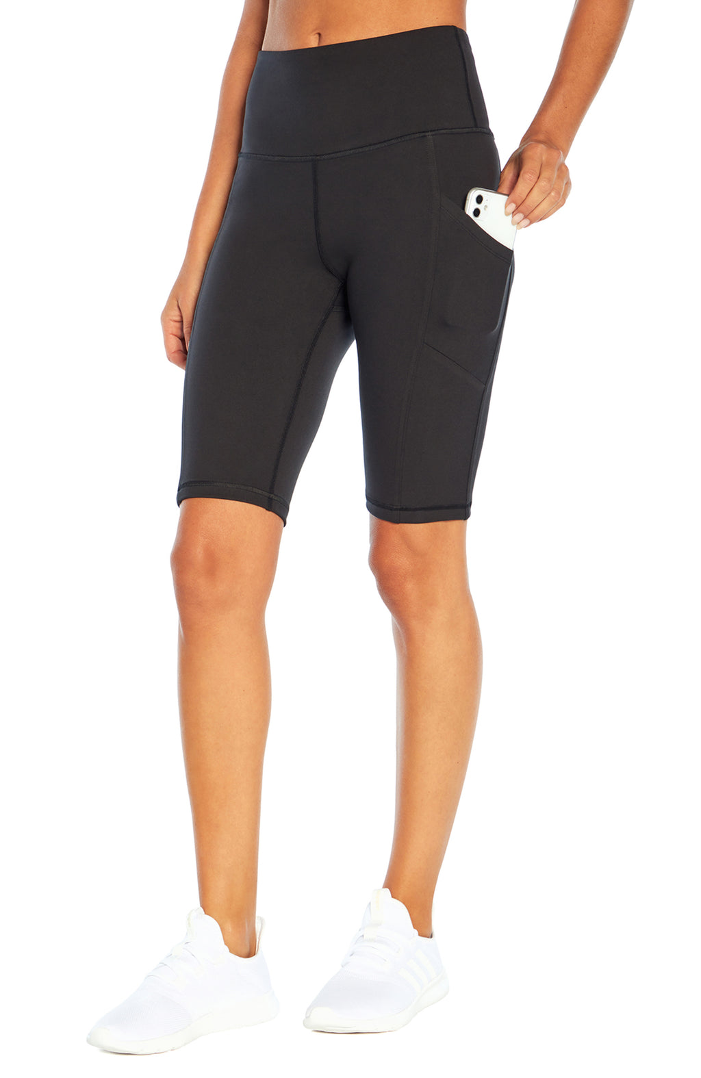 Olivia Side Pocket Tummy Control Bermuda Shorts, front view, showing visible design features and texture of the soft knit fabric.. #color_black