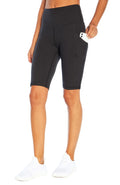 Olivia Side Pocket Tummy Control Bermuda Shorts, front view, showing visible design features and texture of the soft knit fabric.. #color_black