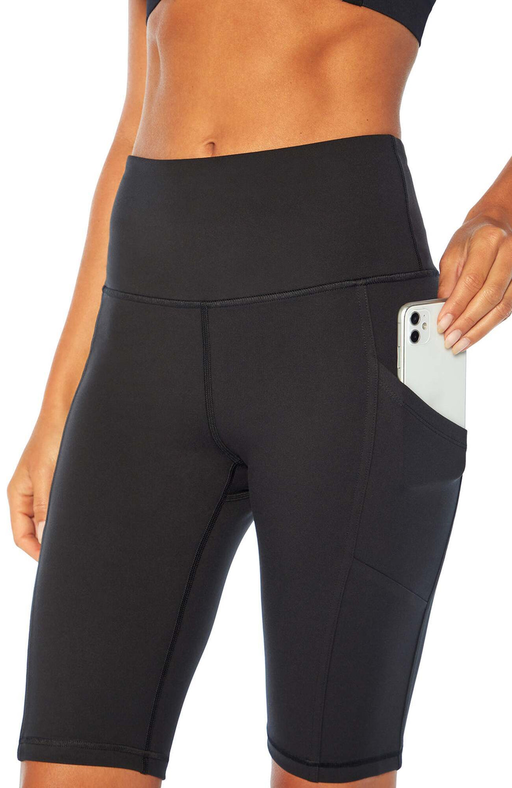 Olivia Side Pocket Tummy Control Bermuda Shorts, alternate angle view, showing visible design features and texture of the soft knit fabric.. #color_black