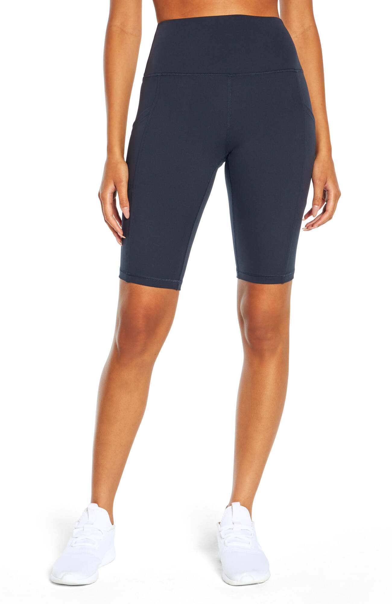 Olivia Side Pocket Tummy Control Bermuda Shorts, alternate angle view, showing visible design features and texture of the soft knit fabric.. 