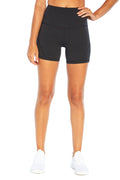 Callie High Rise Hottie Short, front view, showing visible design features and texture of the soft knit fabric.. #color_black