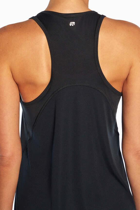Renata Tank, close-up view of fabric and stitching, showing visible design features and texture of the soft knit fabric.. #color_black