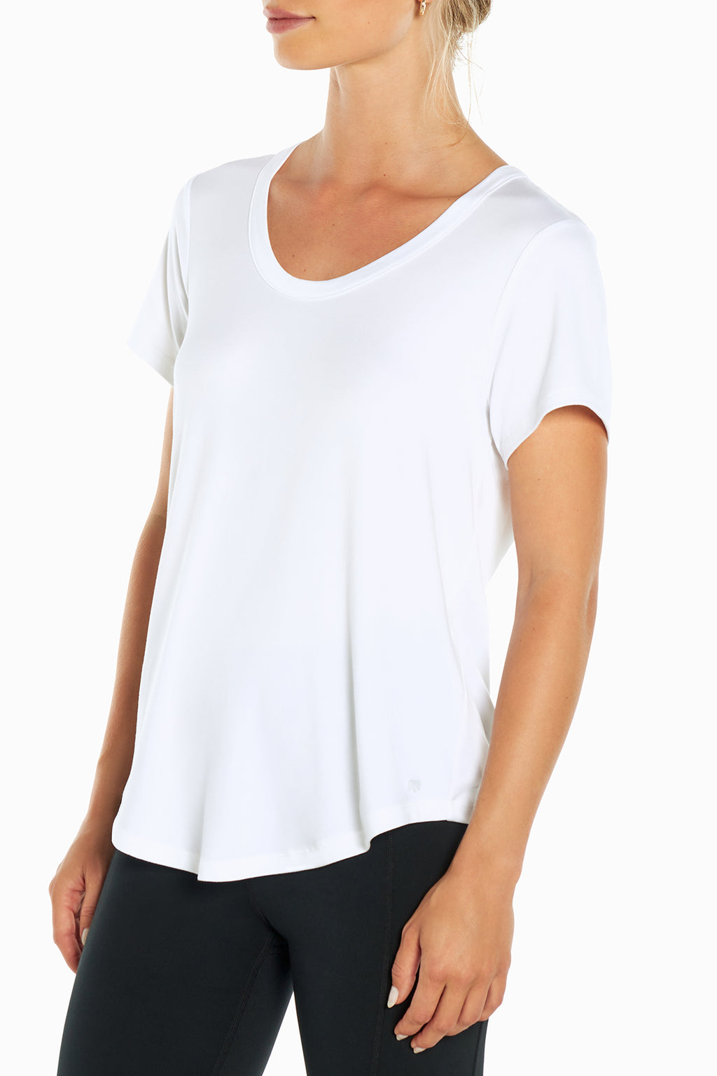 Gather Tee, alternate angle view, showing visible design features and texture of the soft knit fabric.. #color_white