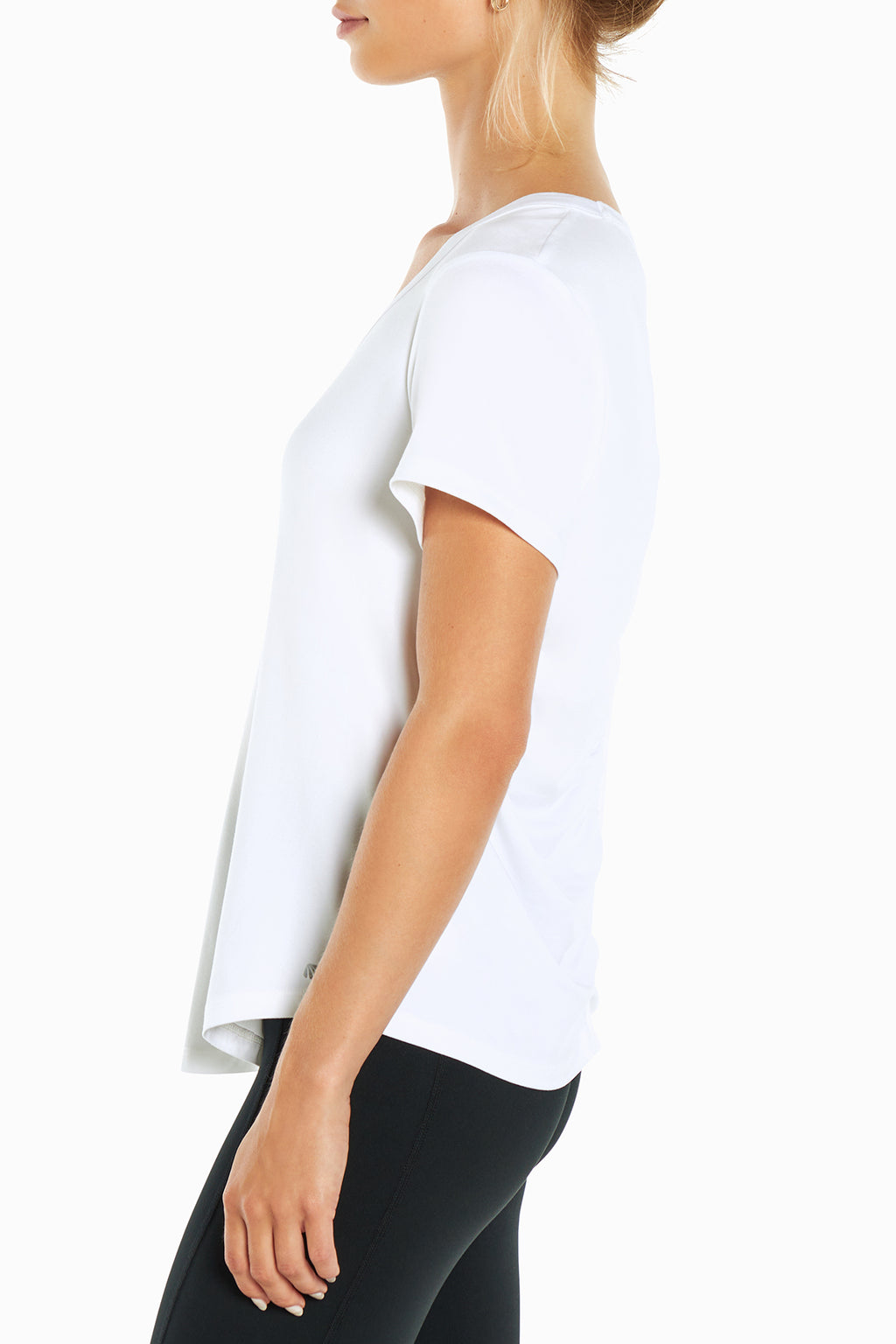 Gather Tee, close-up view of fabric and stitching, showing visible design features and texture of the soft knit fabric.. #color_white