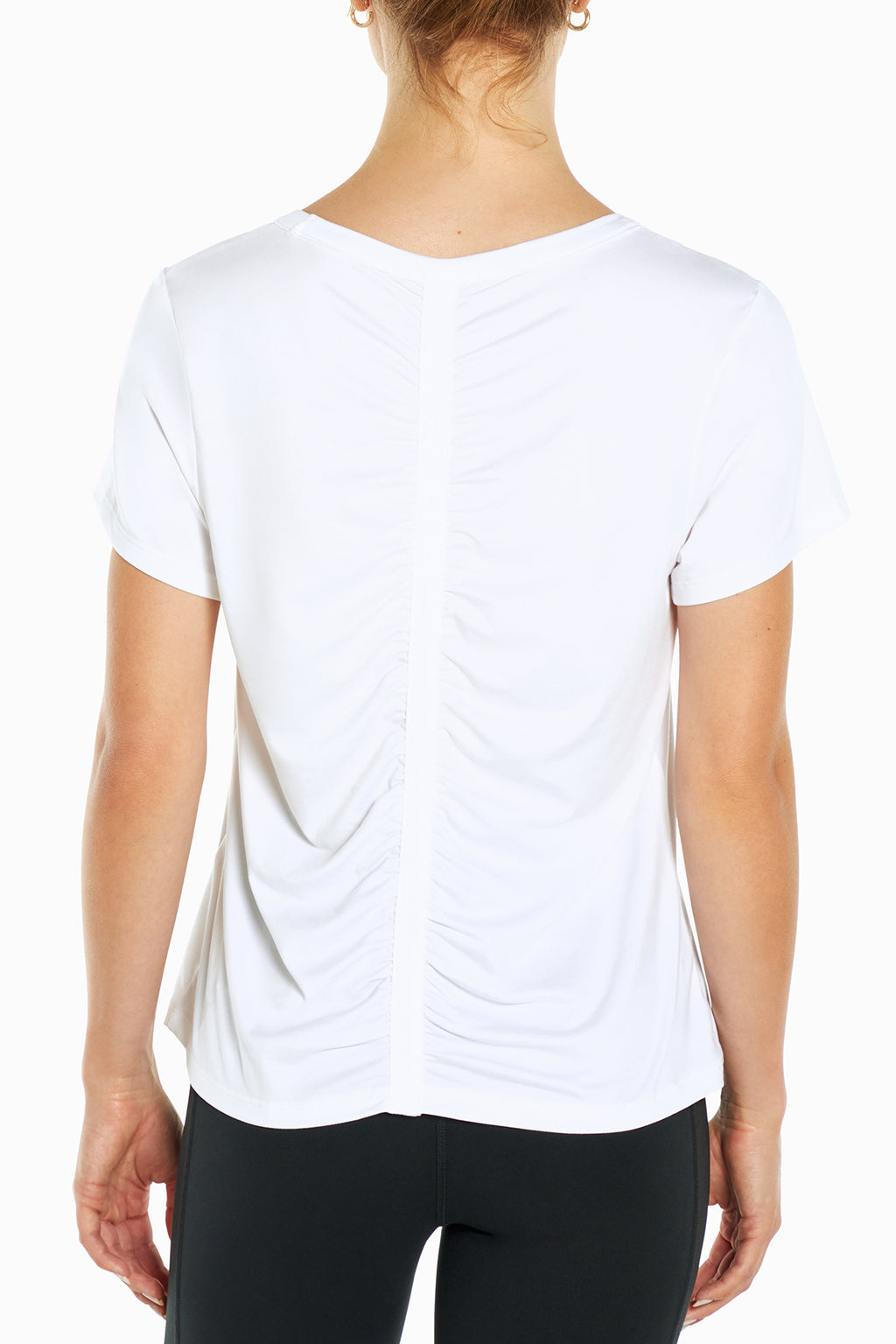 Gather Tee, alternate angle view, showing visible design features and texture of the soft knit fabric.. #color_white