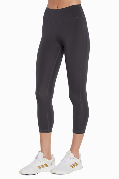 Active Basic Capri, alternate angle view, showing visible design features and texture of the soft knit fabric.. 
