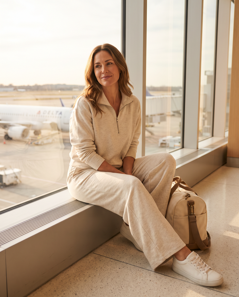Woman at an airport window wearing oatmeal wide-leg lounge pants and matching quarter-zip