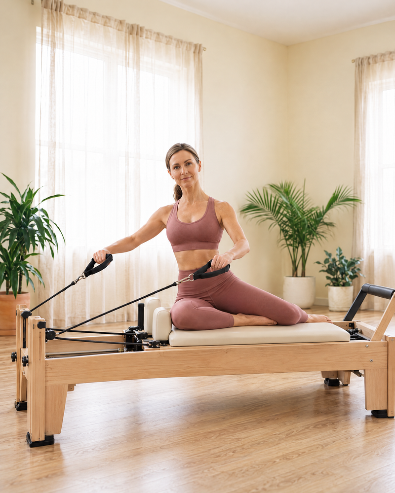Woman in dusty rose 7/8 leggings and a rib sports bra working out on a Pilates reformer in a bright studio