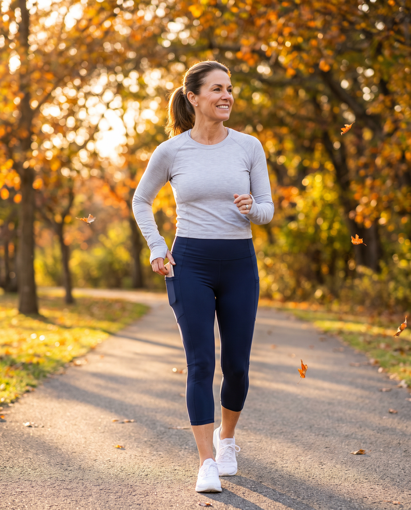 Woman power-walking in a park with her phone in the side pocket of navy capri leggings