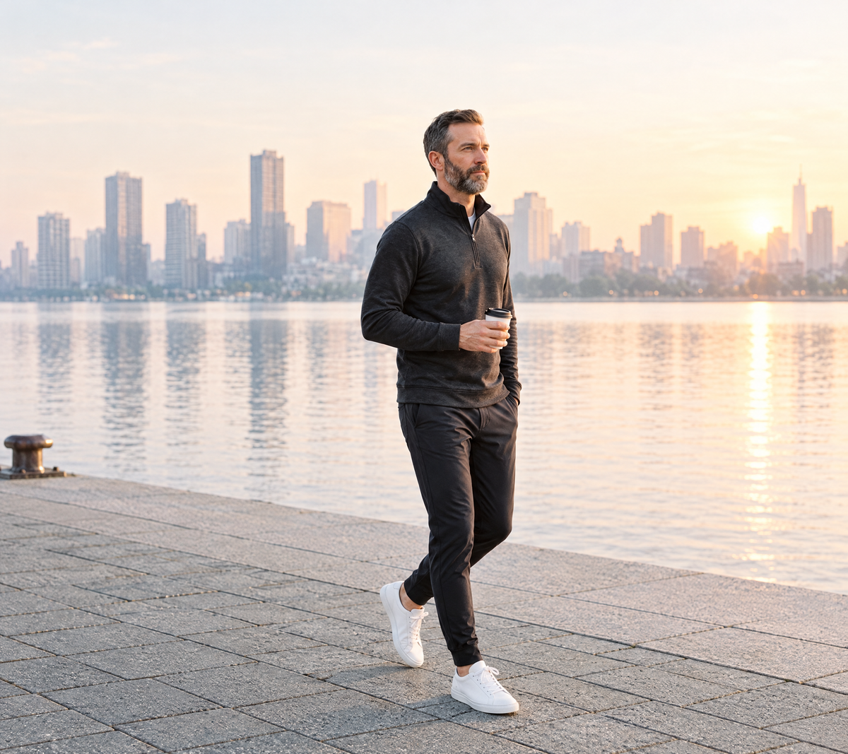 Man with a short beard walking along a waterfront at sunrise in a charcoal quarter-zip, black joggers and white sneakers, holding a coffee