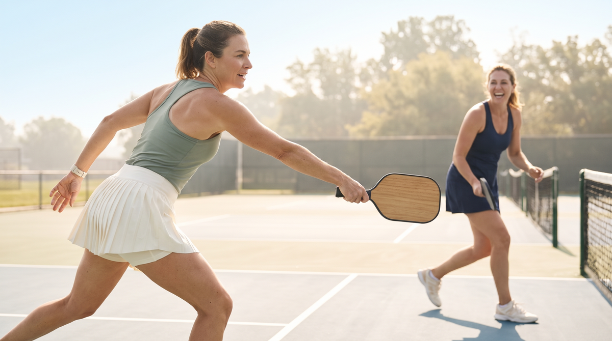 Two women playing pickleball in an athletic skort, tank and active dress