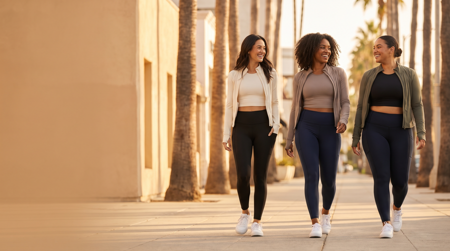 Three women walking in Marika leggings and jackets on a palm-lined street