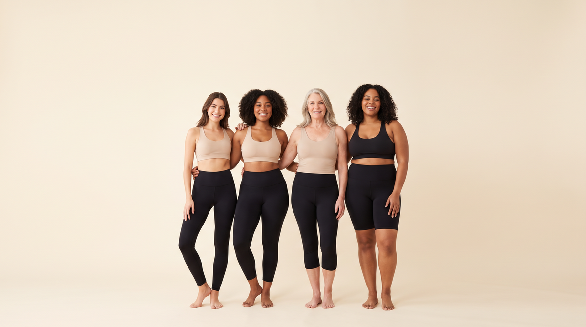 Four women of different sizes in black leggings showing full-length, 7/8, capri and Bermuda lengths