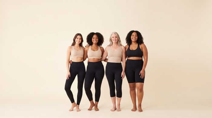 Four women wearing black leggings in full, 7/8, capri and Bermuda lengths