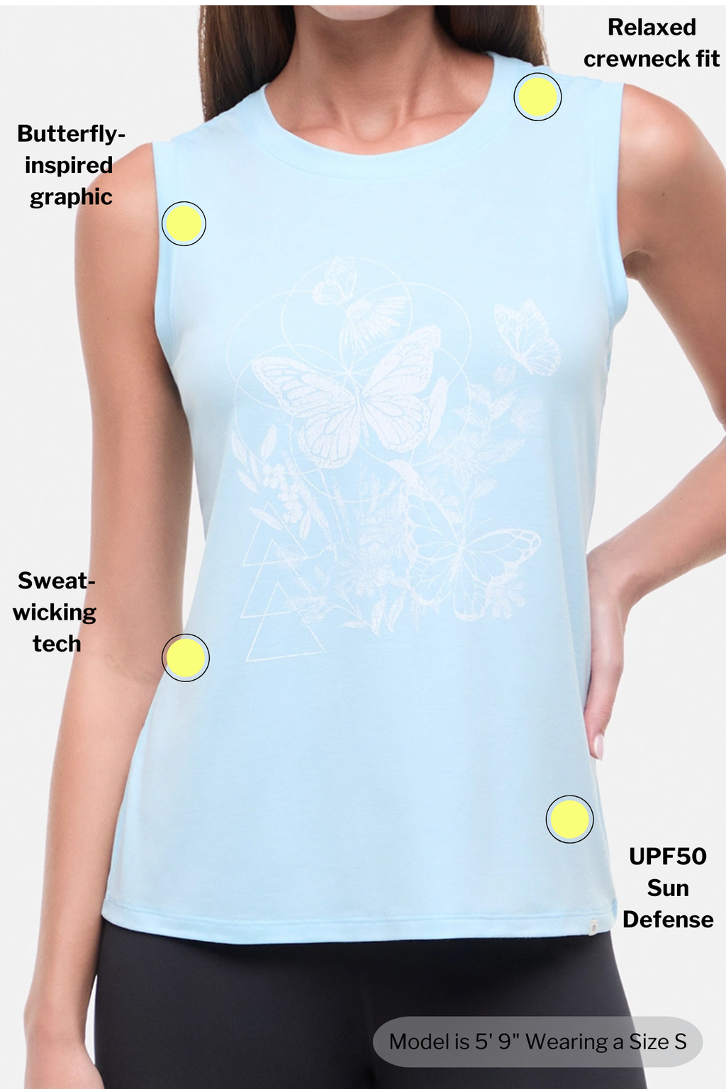 Light blue sleeveless top with butterfly design, labeled features on a white background. #color_heather-ocean-current-butterfly-bunch