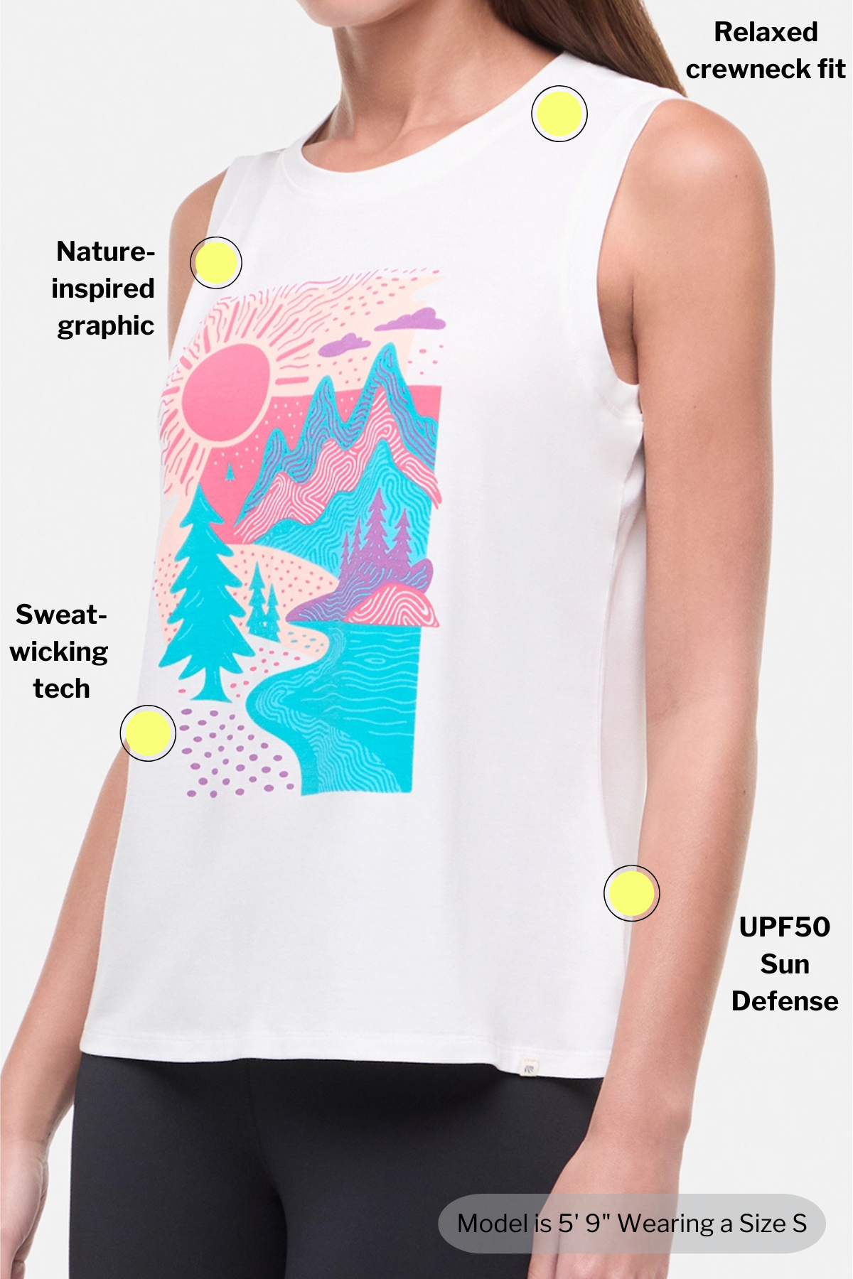 White sleeveless shirt with nature-inspired graphic design, labeled features on a plain background. 