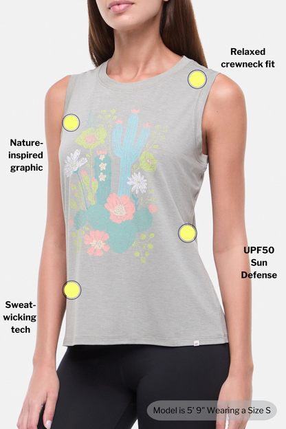Gray sleeveless shirt with nature-inspired graphic design on a model, highlighting features like UPF50 sun defense and sweat-wicking tech.  