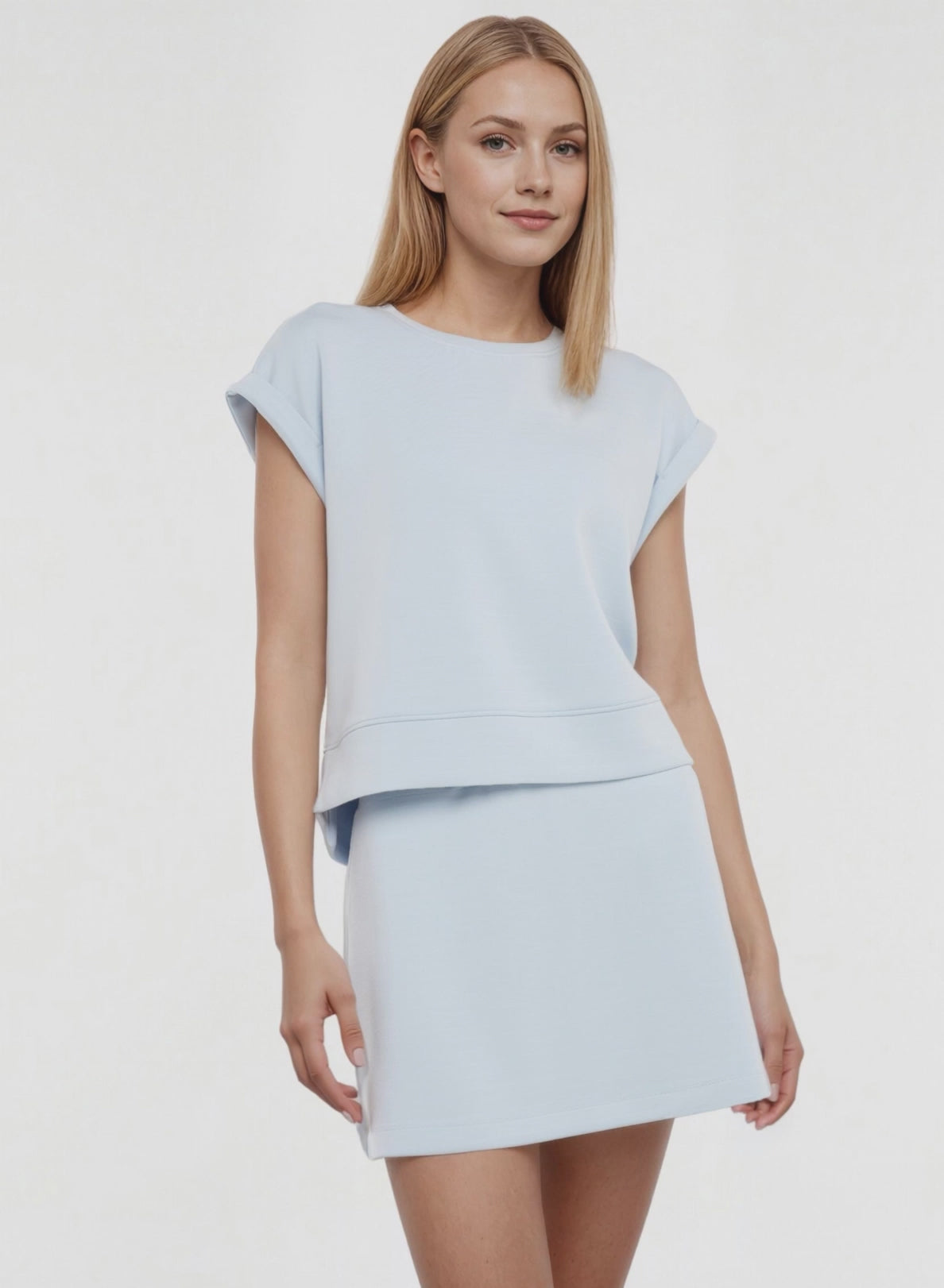 Becky Short Sleeve Crew Neck Top, alternate angle view, showing visible design features and texture of the soft knit fabric. #color_skyway