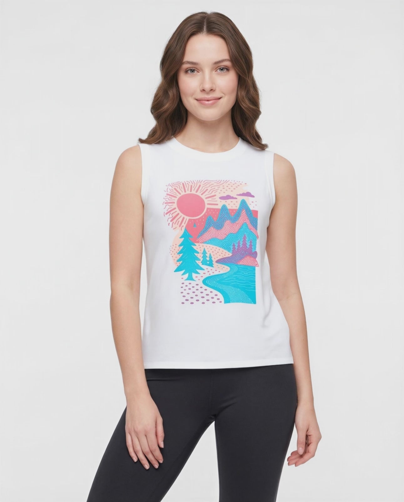 Video view of woman wearing white sleeveless shirt with a colorful nature graphic on a white background. 