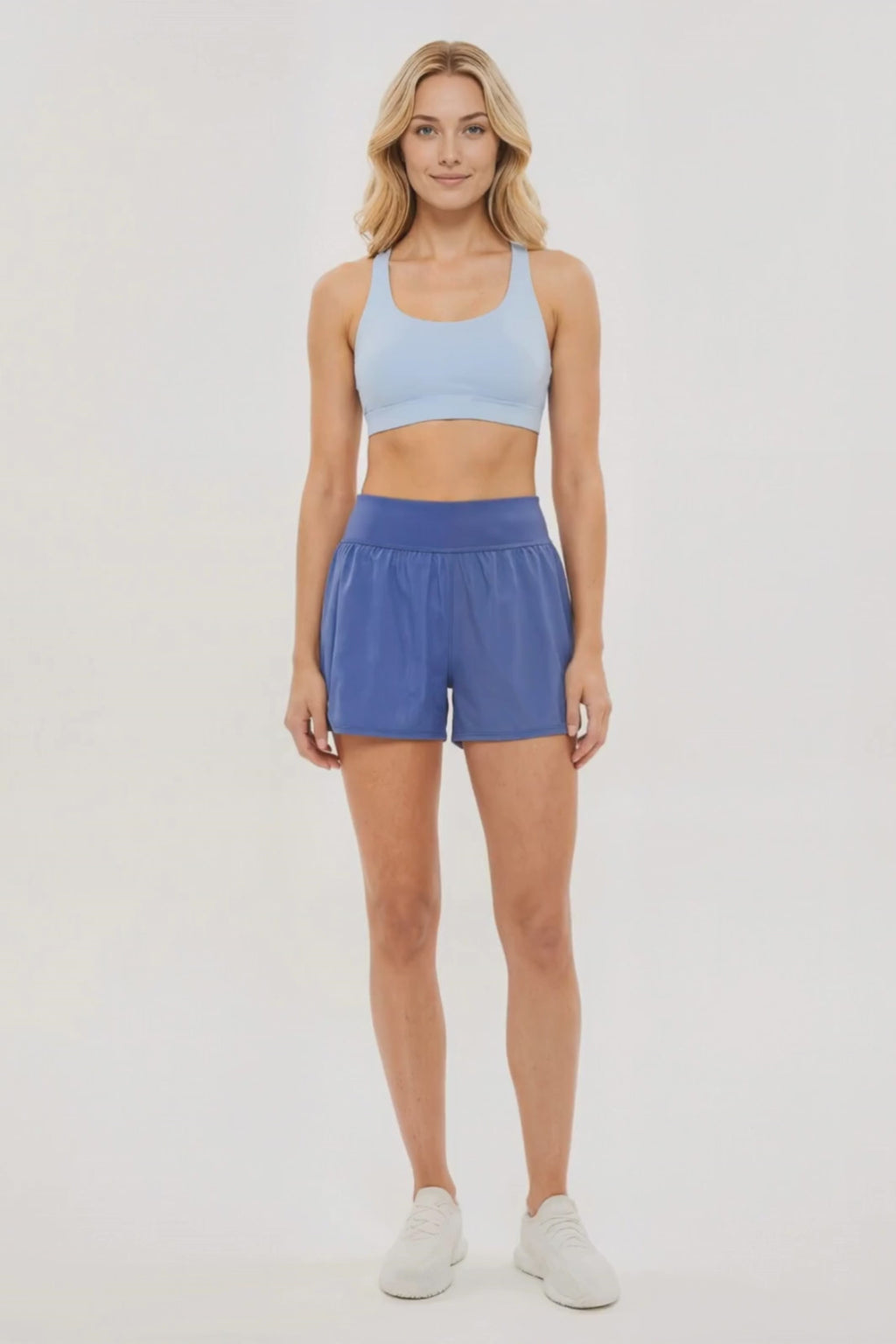Stassi Woven Short, alternate angle view, showing visible design features and texture of the soft knit fabric.. #color_gray-blue