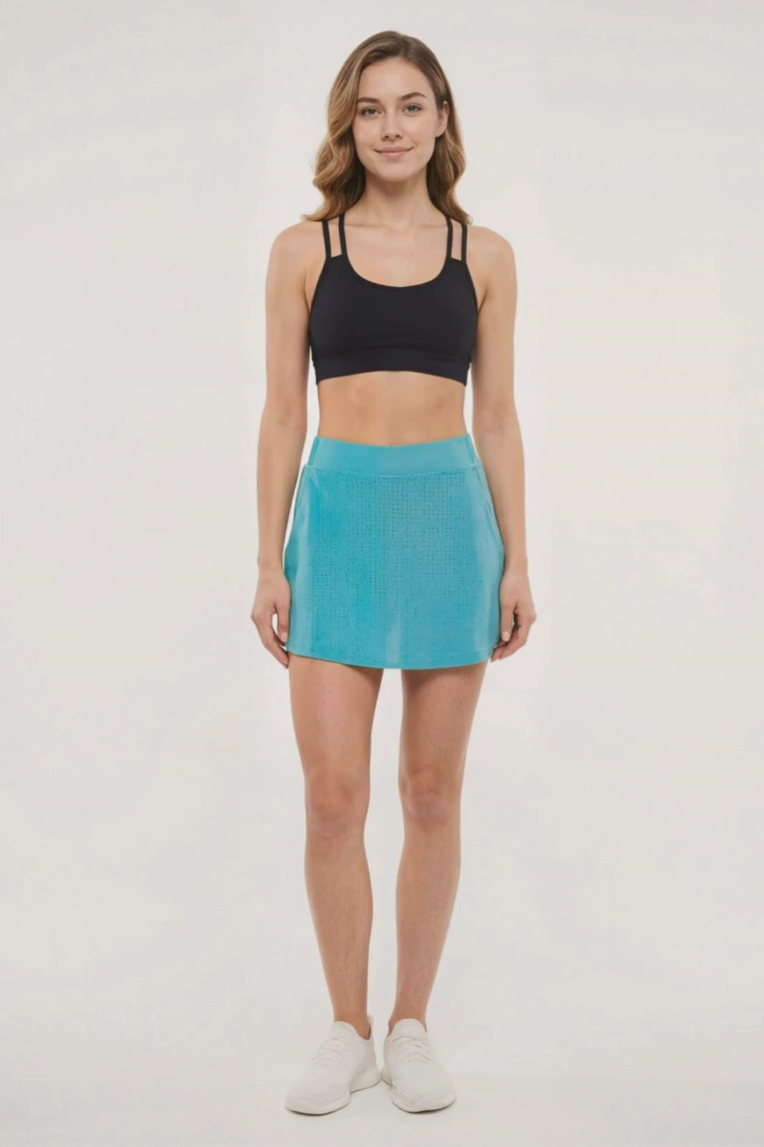 Hazel Woven Skort, alternate angle view, showing visible design features and texture of the soft knit fabric. #color_agate-green