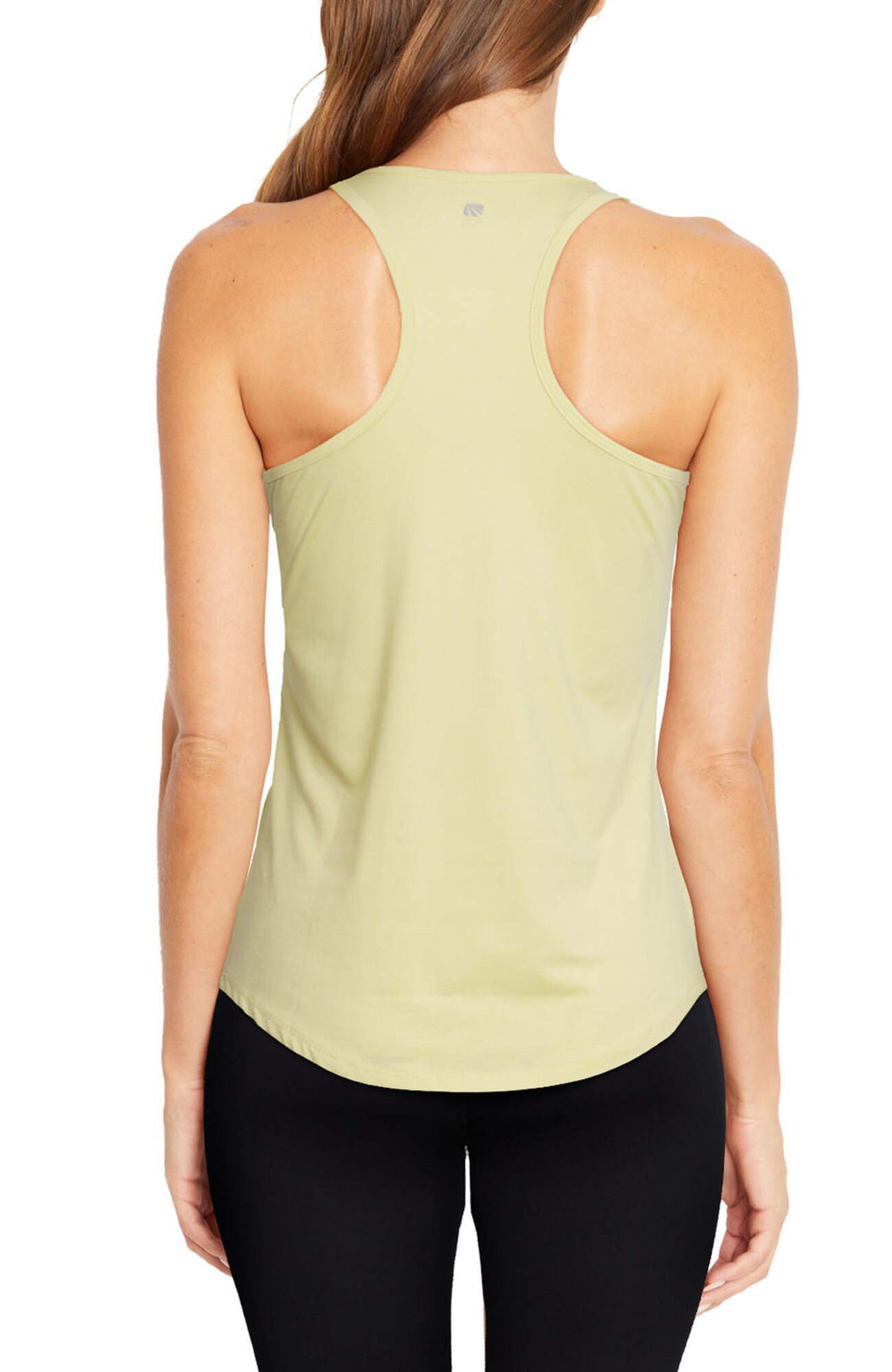 Motion Tank, side view showing pocket placement, showing visible design features and texture of the soft knit fabric.. #color_heather-young-wheat