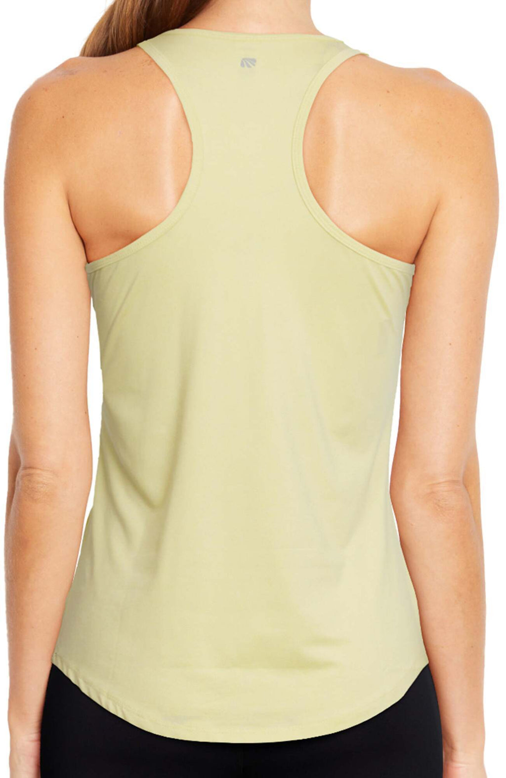 Motion Tank, back view, showing visible design features and texture of the soft knit fabric.. #color_heather-young-wheat