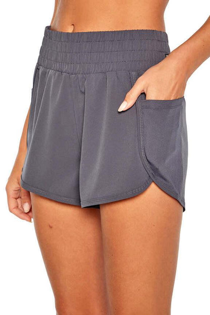 Lydia Short, alternate angle view, showing visible design features and texture of the soft knit fabric.. 