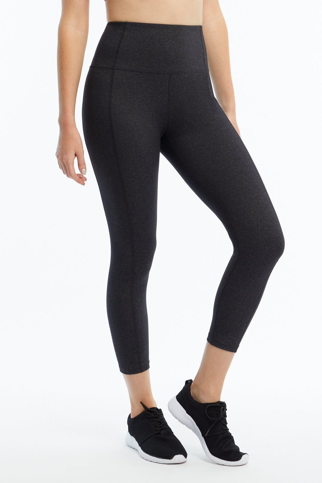 Brooke High Rise Tummy Control Mid Calf Capri, back view, showing visible design features and texture of the soft knit fabric.. #color_heather-black