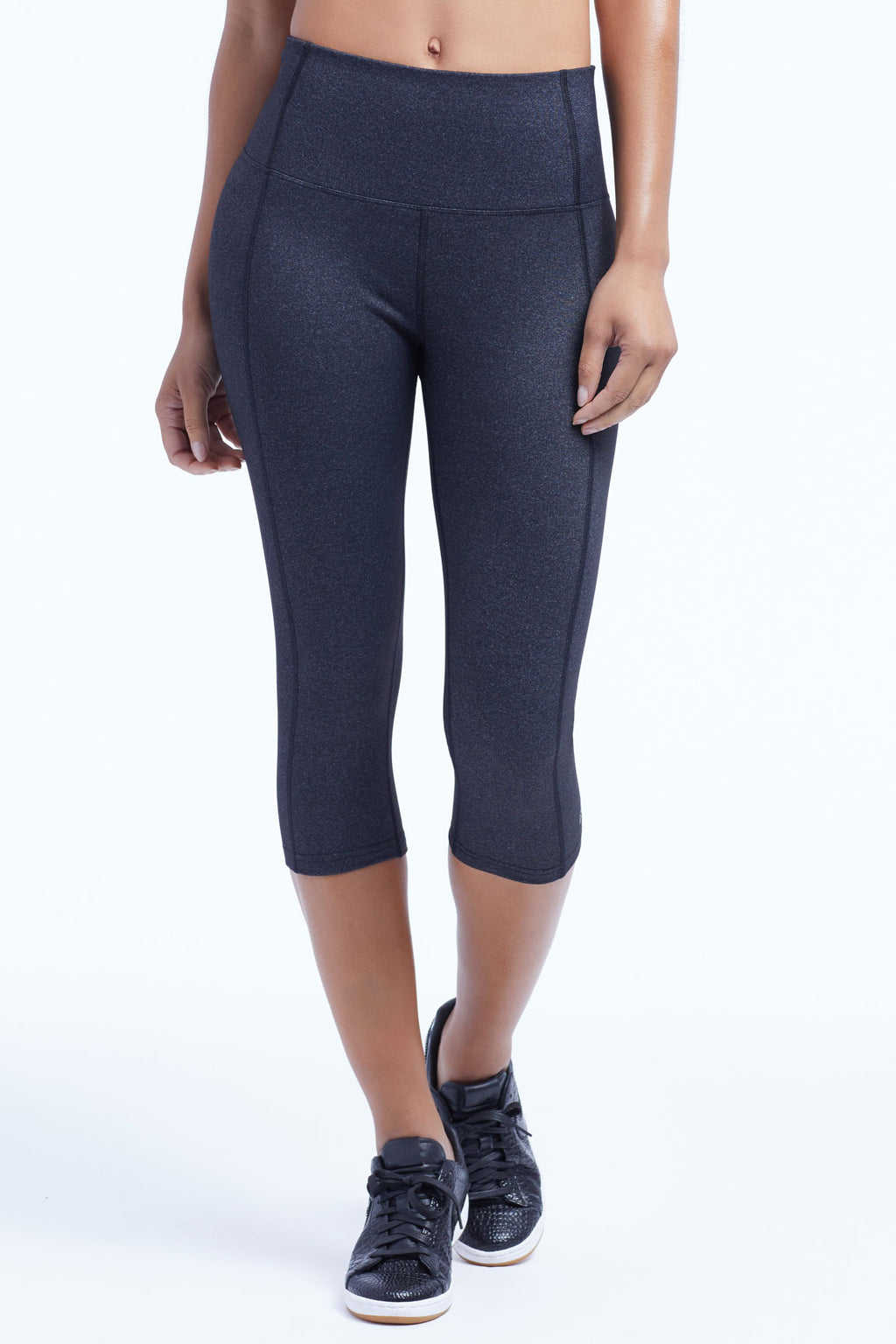 Brooke High Rise Tummy Control Capri, front view, showing visible design features and texture of the soft knit fabric.. #color_heathered-black