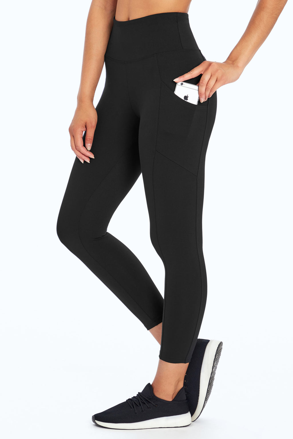 Drew Side Pocket Tummy Control Mid Calf Capri, front view, showing visible design features and texture of the soft knit fabric.. #color_black