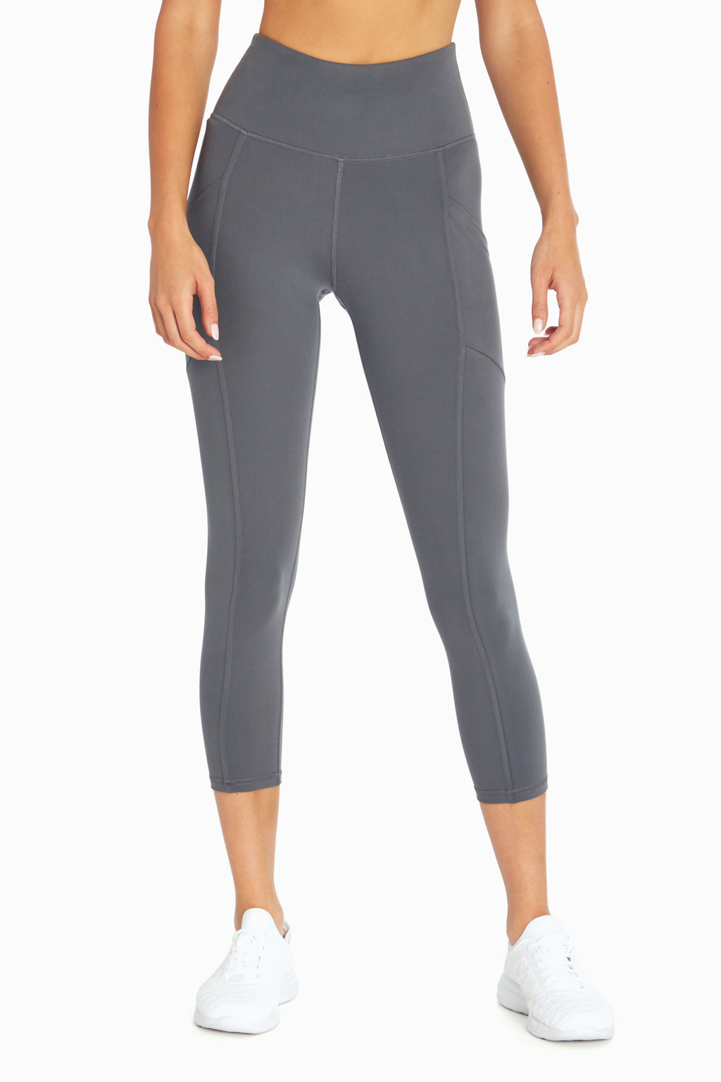 Drew Side Pocket Tummy Control Mid Calf Capri, alternate angle view, showing visible design features and texture of the soft knit fabric.. #color_turbulence