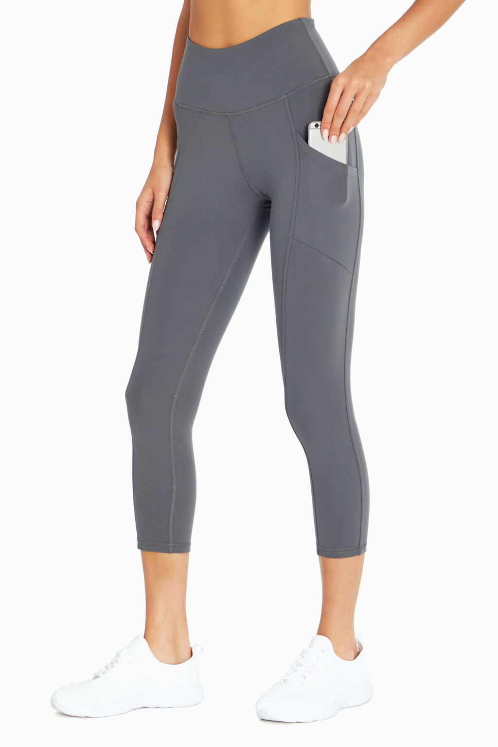 Drew Side Pocket Tummy Control Mid Calf Capri, alternate angle view, showing visible design features and texture of the soft knit fabric.. #color_turbulence