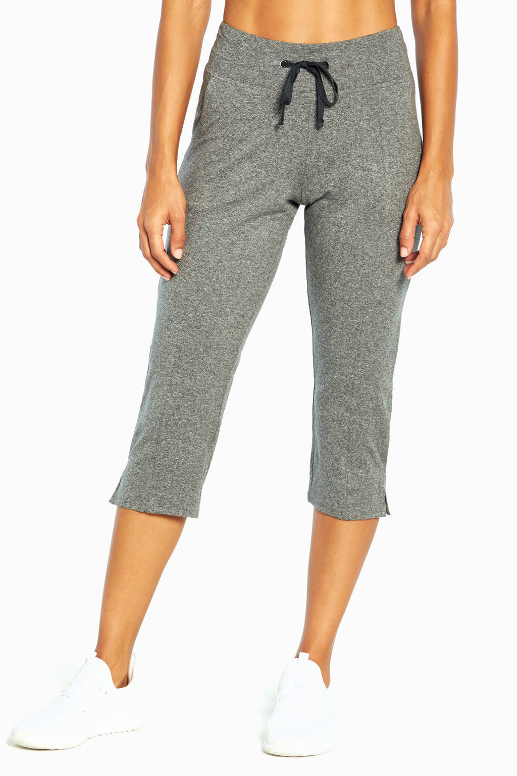 Mona Capri, alternate angle view, showing visible design features and texture of the soft knit fabric.. #color_heather-black