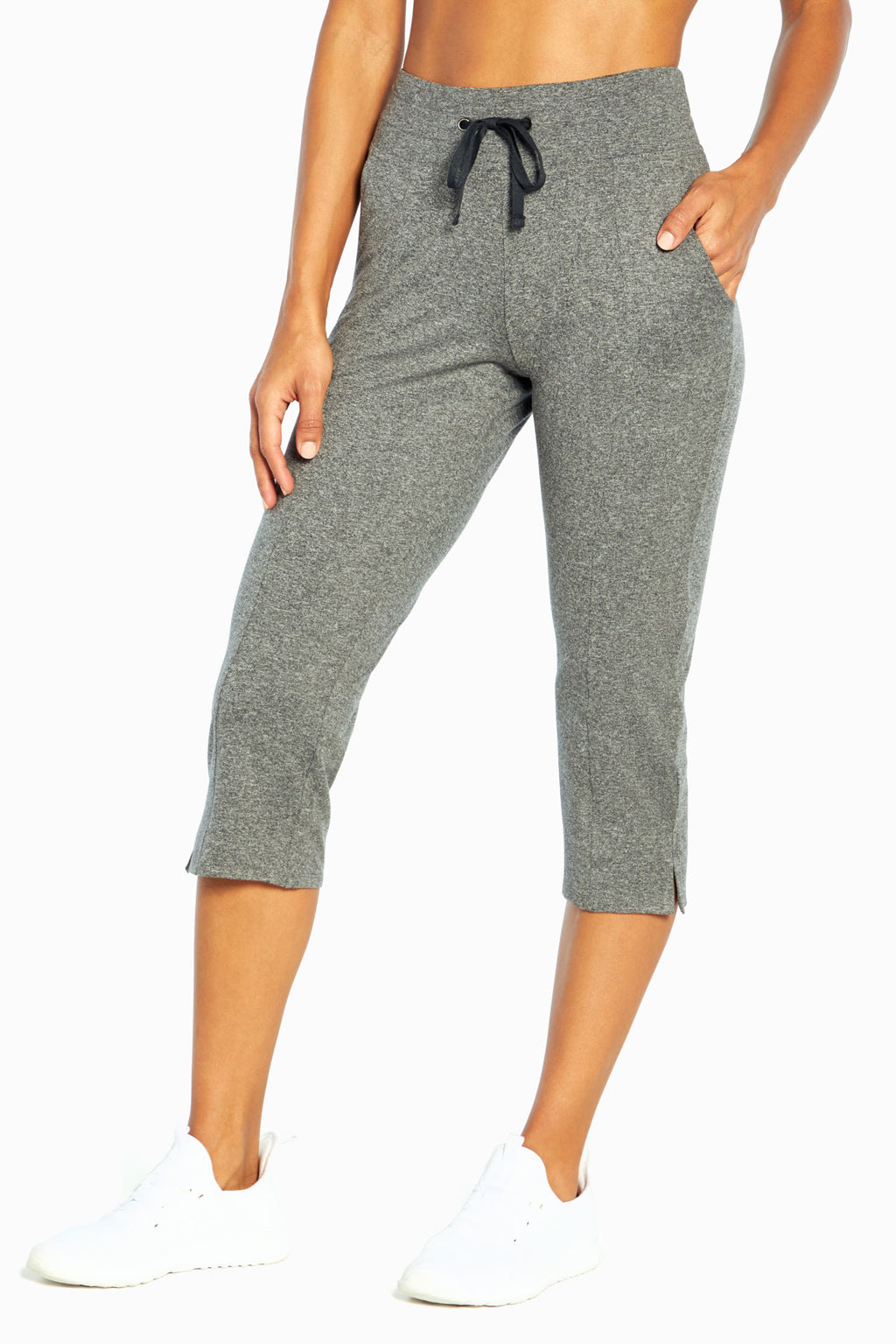 Mona Capri, front view, showing visible design features and texture of the soft knit fabric.. #color_heather-black