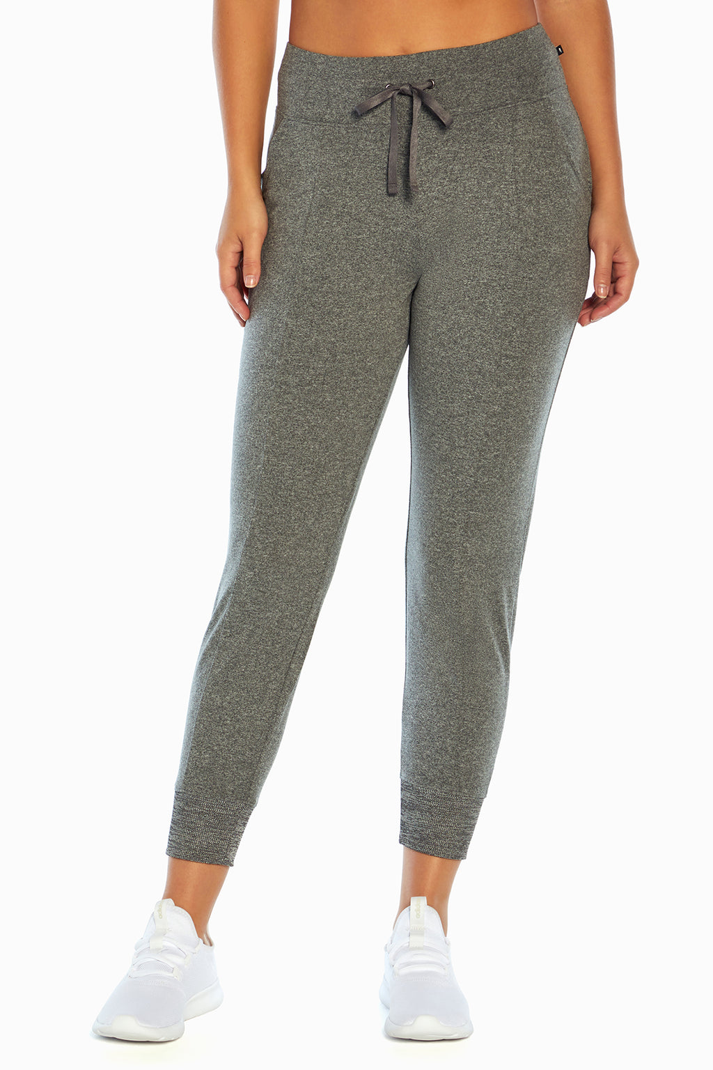 Mona Jogger, alternate angle view, showing visible design features and texture of the soft knit fabric.. #color_heather-black