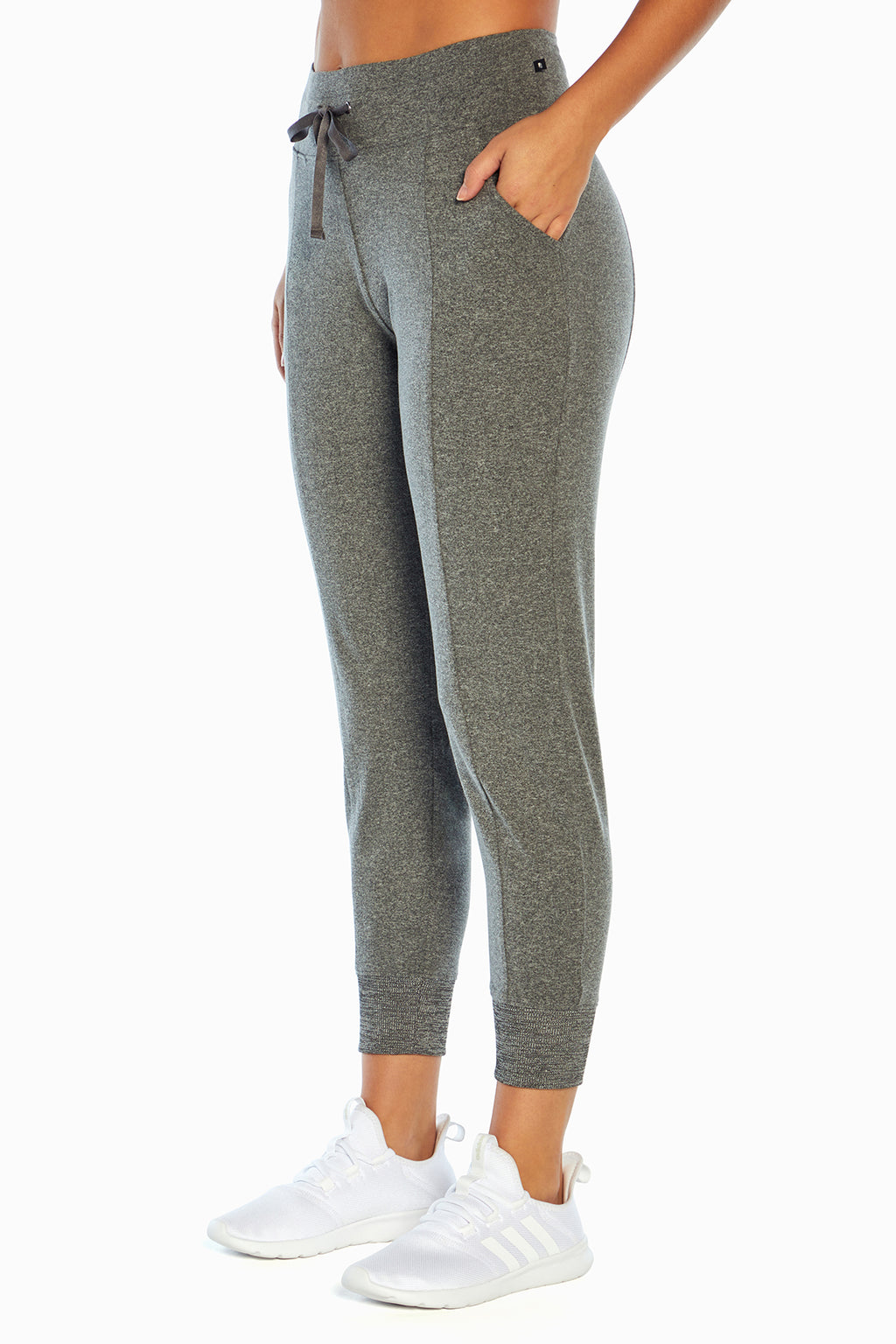 Mona Jogger, front view, showing visible design features and texture of the soft knit fabric.. #color_heather-black