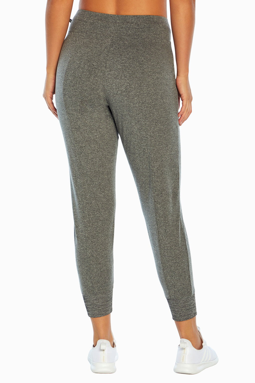 Mona Jogger, back view, showing visible design features and texture of the soft knit fabric.. #color_heather-black