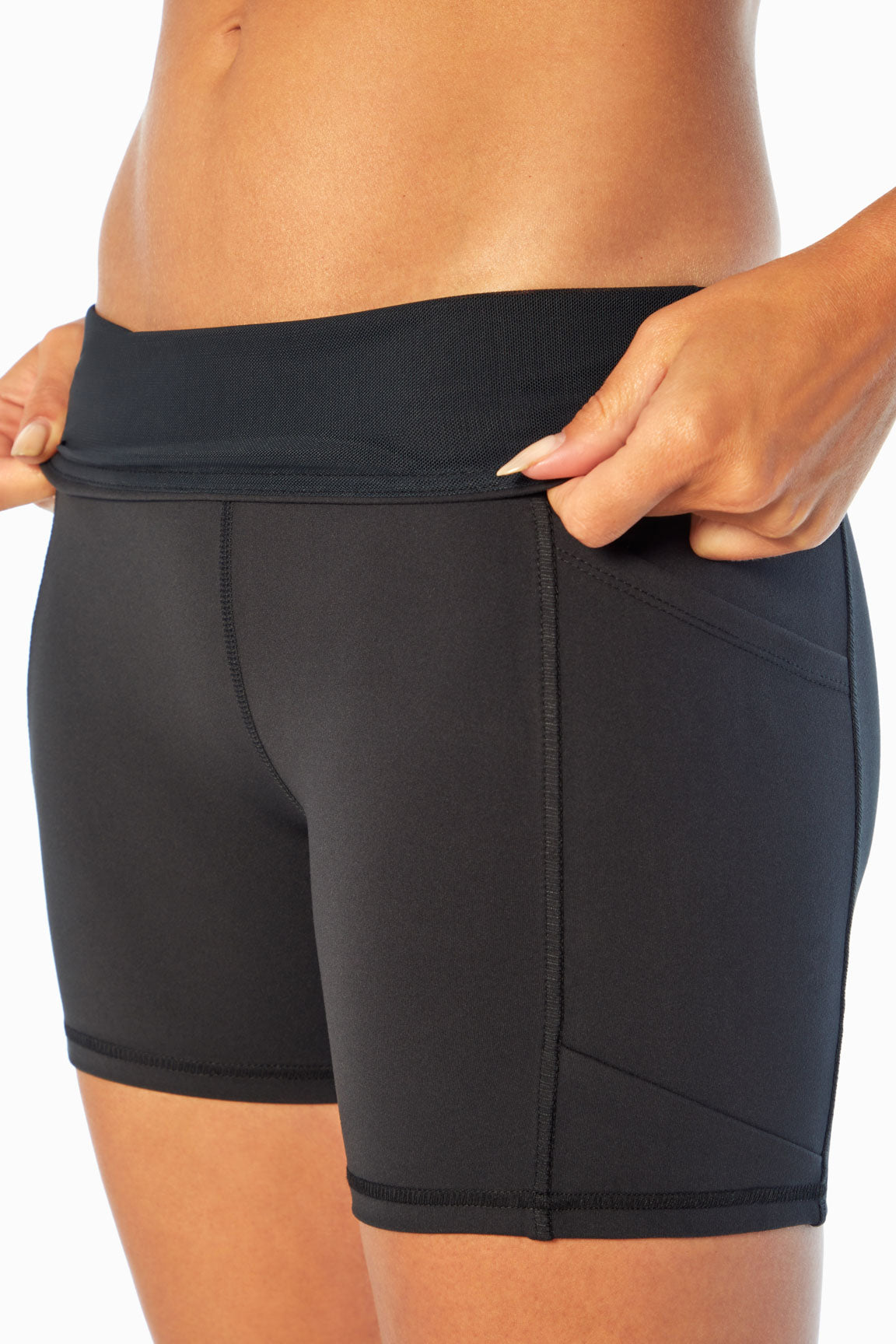 Linnette Side Pocket Tummy Control Short, alternate angle view, showing visible design features and texture of the soft knit fabric..