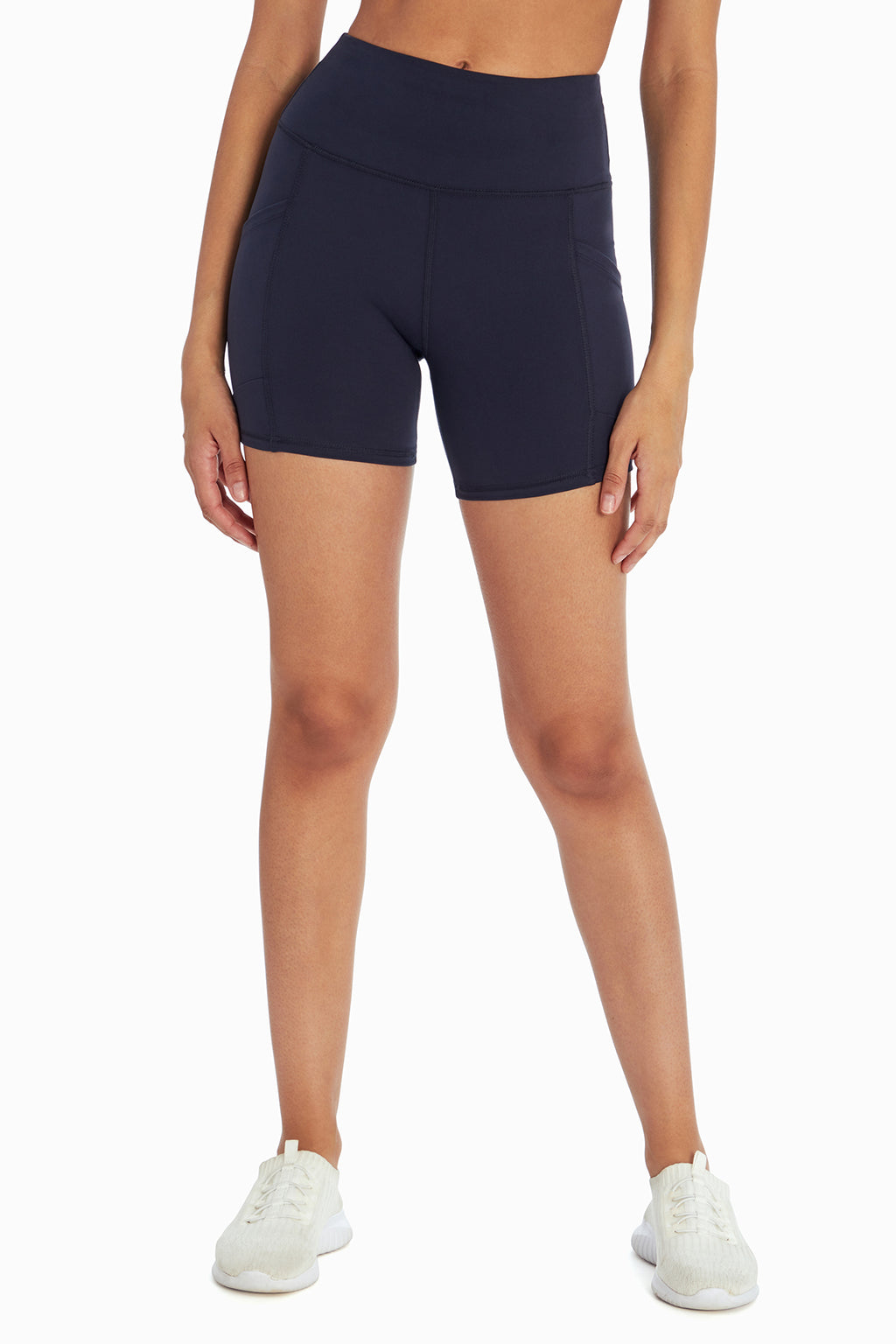 Linnette Side Pocket Tummy Control Short, front view, showing visible design features and texture of the soft knit fabric.. #color_midnight-blue